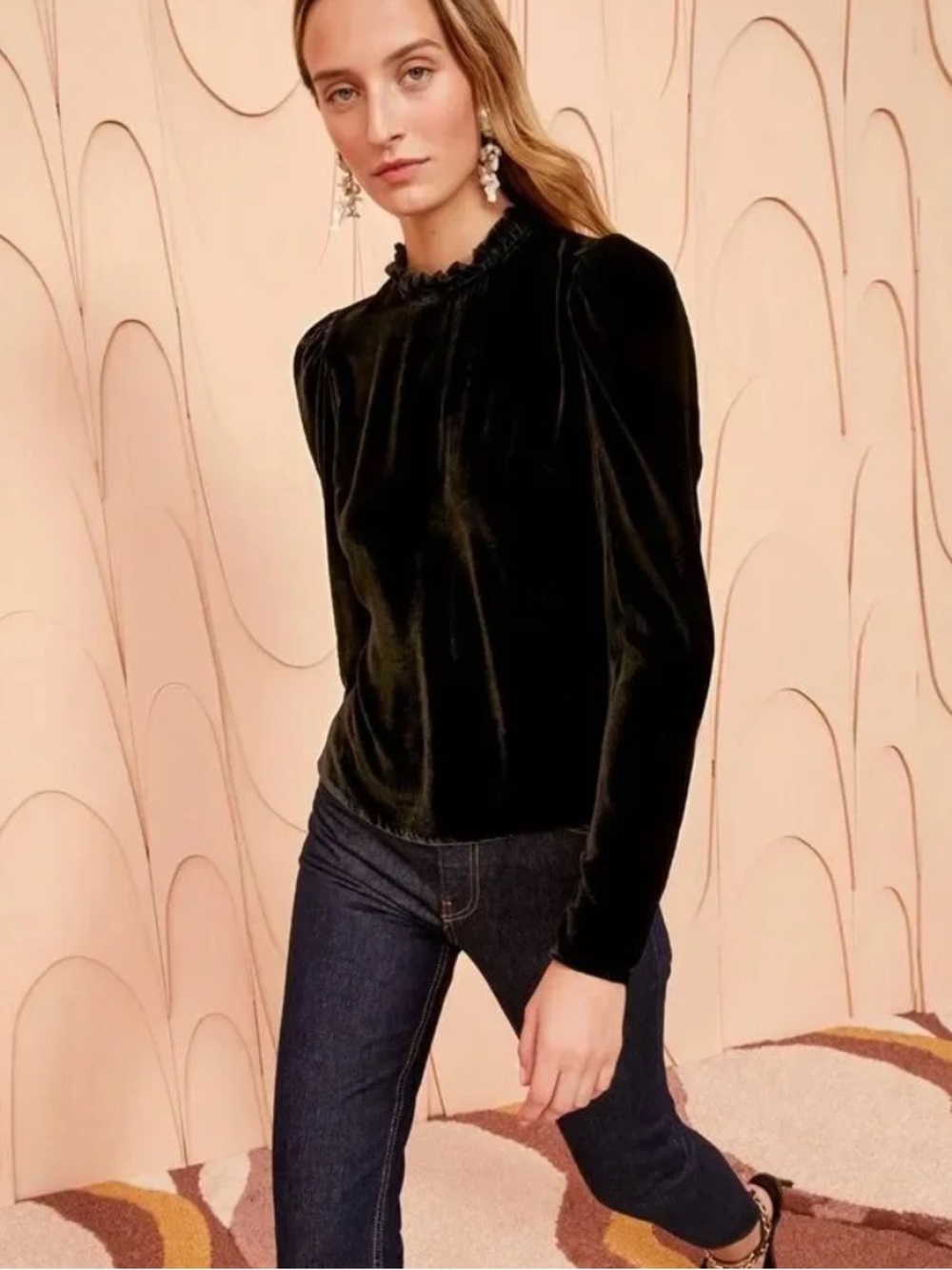 Ulla Johnson Marlene Ruffle Mock Neck Puff Sleeve Velvet Blouse in Black, XS S M